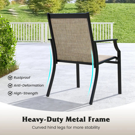 2 Piece Patio Dining Chairs with Breathable Seat and Metal Frame-Coffee