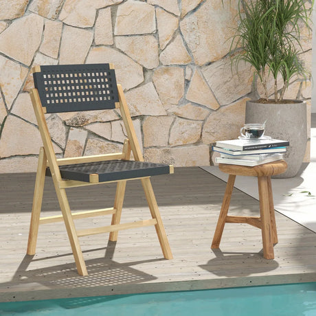 Set of 2 Folding Chairs Teak Wood Dining Chairs with Woven Rope Seat and Back