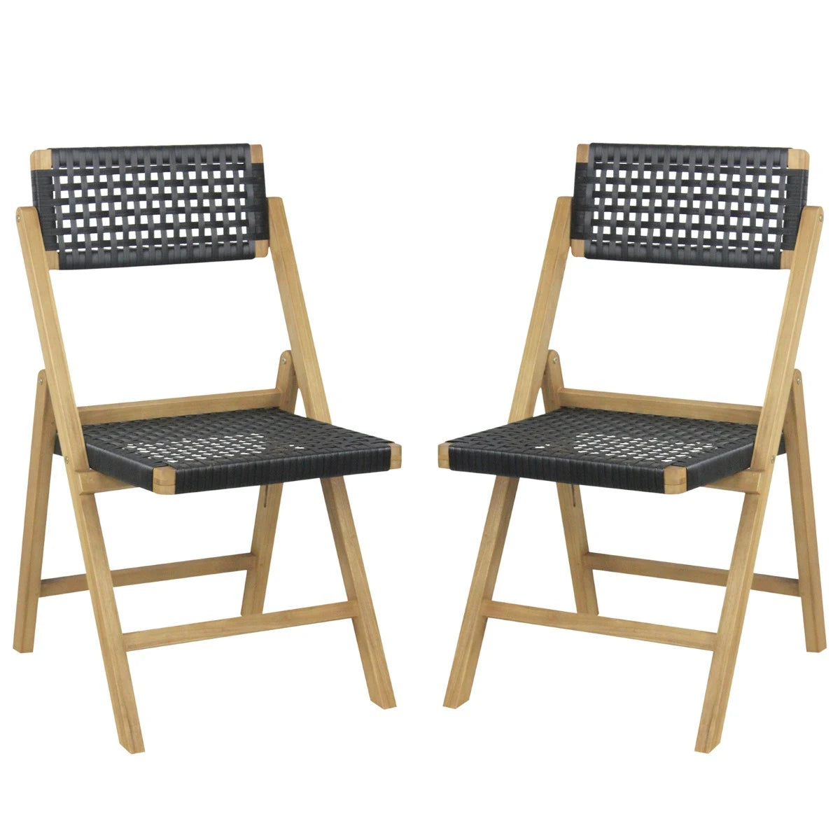 Set of 2 Folding Chairs Teak Wood Dining Chairs with Woven Rope Seat and Back