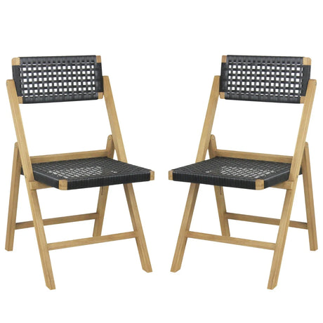 Set of 2 Folding Chairs Teak Wood Dining Chairs with Woven Rope Seat and Back