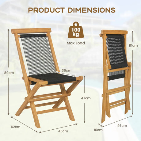 2 Piece Patio Folding Chairs with Woven Rope Seat and Back for Porch Backyard Poolside