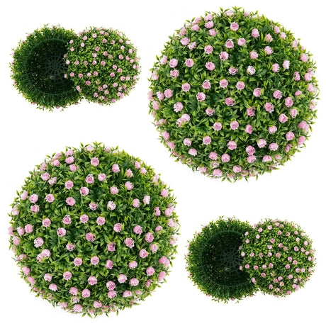 2 Pieces Artificial Plant Topiary Balls with Pink Flowers Sun-protective
