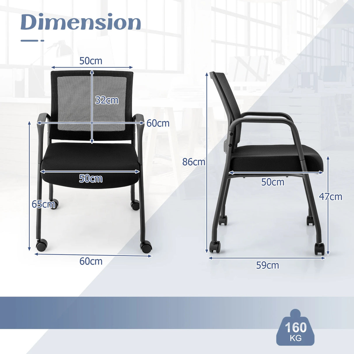 2 Pieces Office Guest Chairs on Wheels with Metal Frame and Armrests-Black