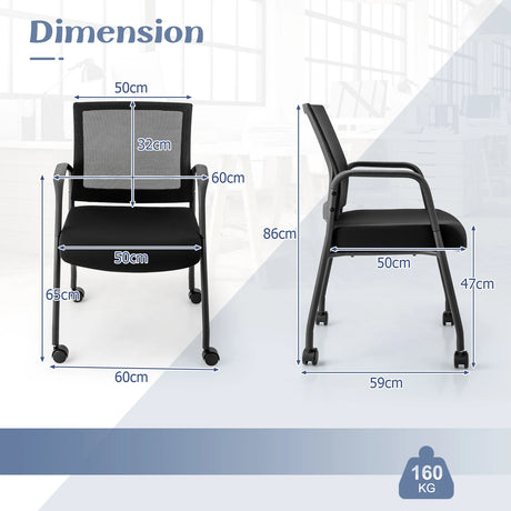 2 Pieces Office Guest Chairs on Wheels with Metal Frame and Armrests-Black