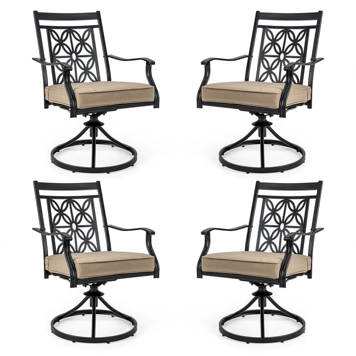 2 Pieces Patio Swivel Chairs with Blossom Pattern Backrest and Cushions-Black