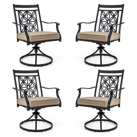 2 Pieces Patio Swivel Chairs with Blossom Pattern Backrest and Cushions-Black