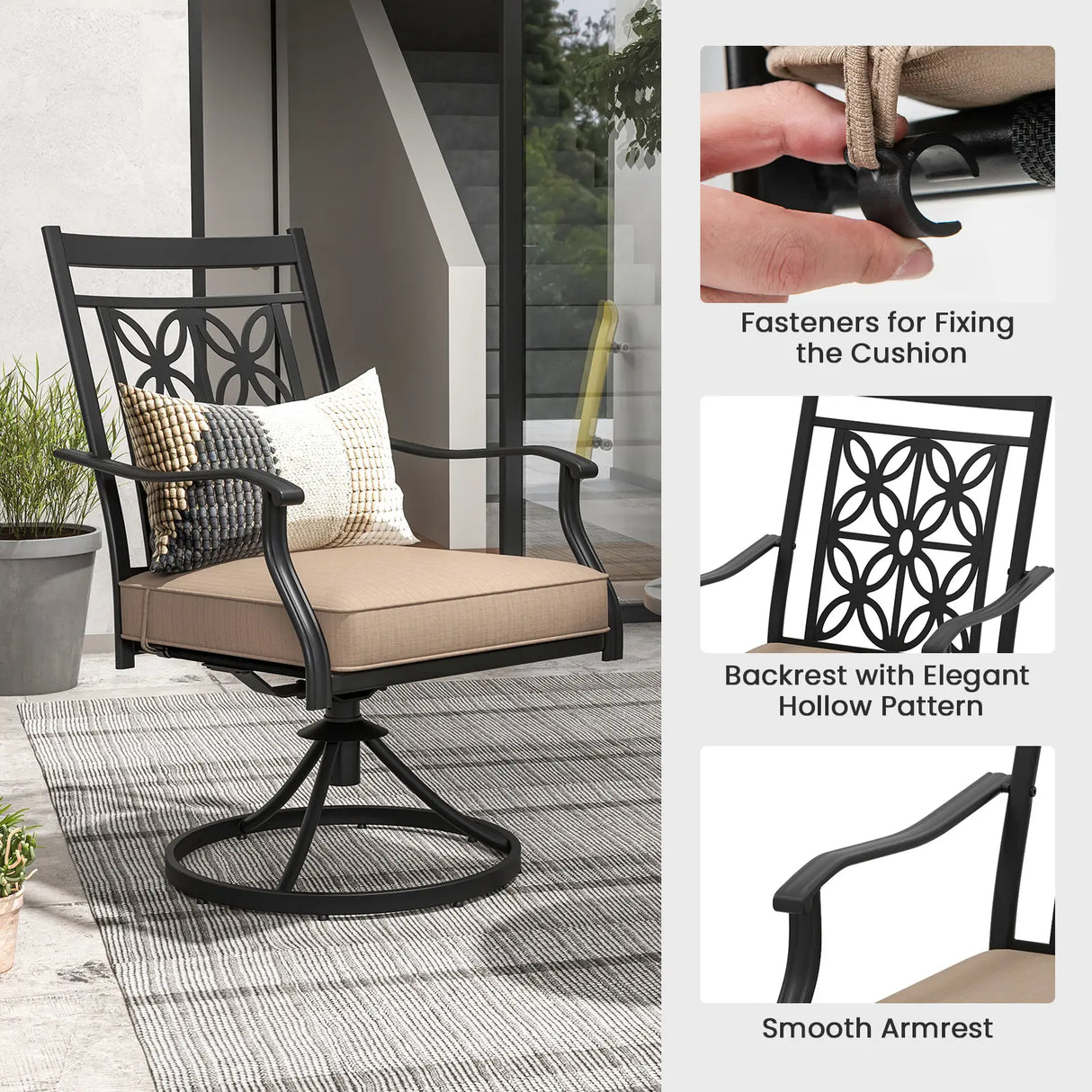 2 Pieces Patio Swivel Chairs with Blossom Pattern Backrest and Cushions-Black