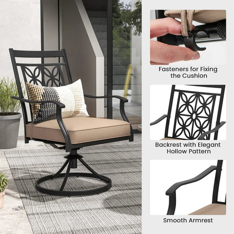 2 Pieces Patio Swivel Chairs with Blossom Pattern Backrest and Cushions-Black