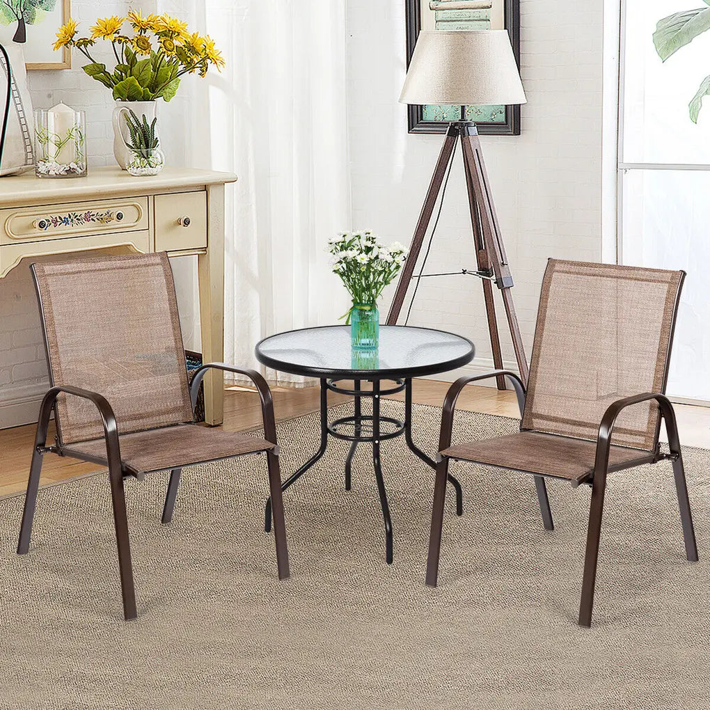 2 Pieces Patio Outdoor Dining Chair with Armrest-Brown