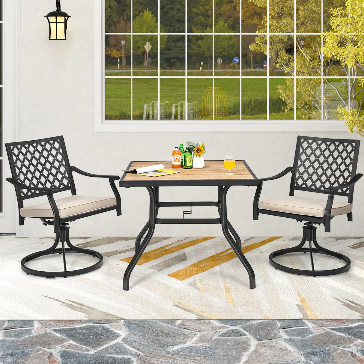 2 Pieces Patio 360 Swivel Dining Chairs with Rocker and Cushioned Armrest-Beige
