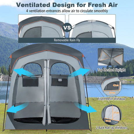 2 Rooms Oversize Privacy Shower Tent with Removable Rain Fly and Inside Pocket-Gray