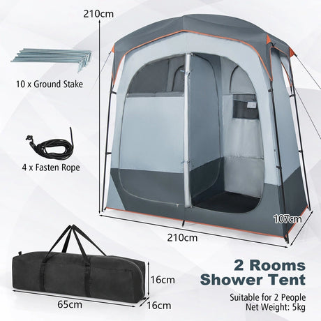 2 Rooms Oversize Privacy Shower Tent with Removable Rain Fly and Inside Pocket-Gray