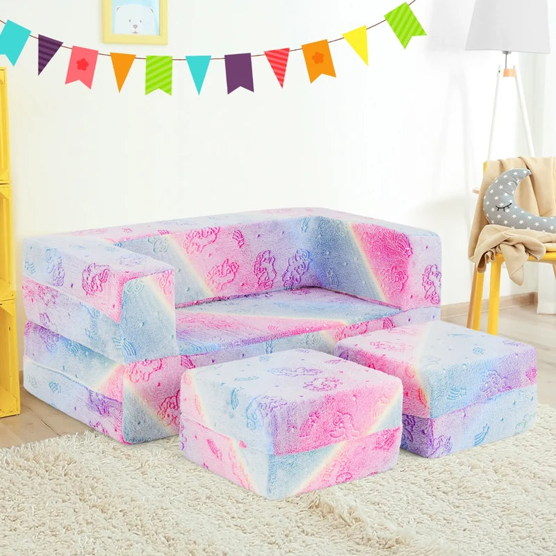 2 Seater Kids Play Couch Glow in the Dark Modular Sofa Set for Toddlers-Pink