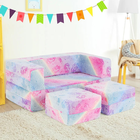 2 Seater Kids Play Couch Glow in the Dark Modular Sofa Set for Toddlers-Pink