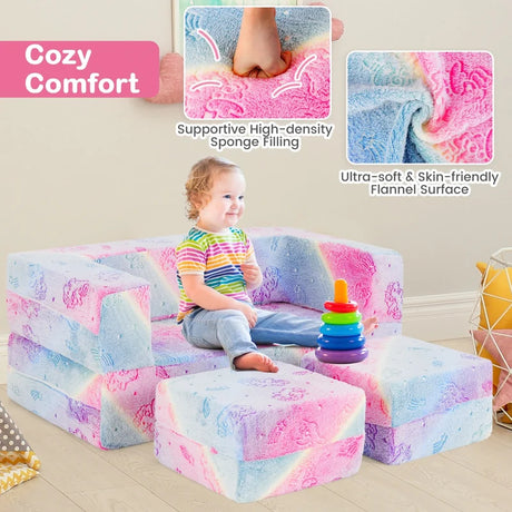 2 Seater Kids Play Couch Glow in the Dark Modular Sofa Set for Toddlers-Pink