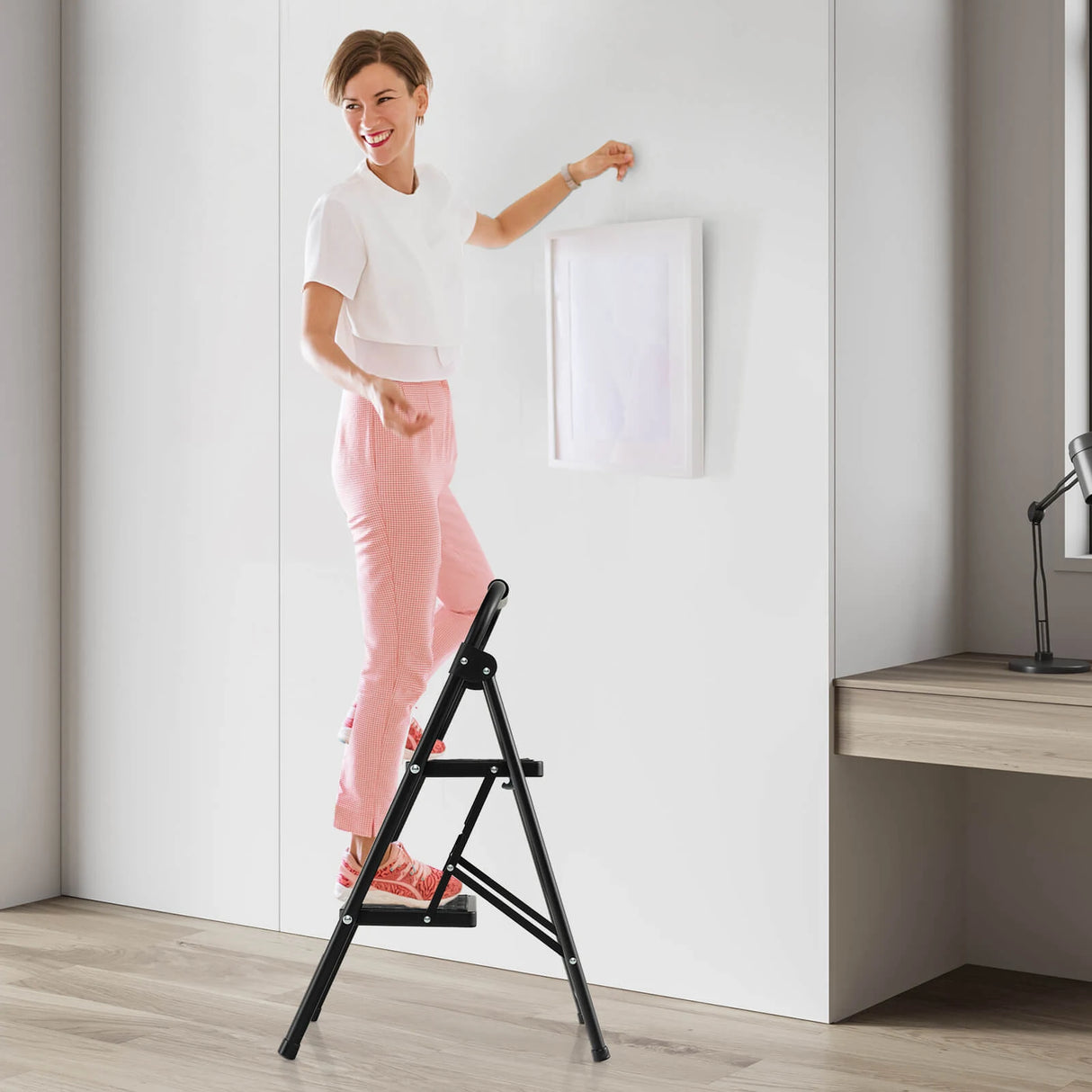 Folding Step Stool with Padded Handgrip and Wide Anti-Slip Pedal for Kitchen/Household/Garden