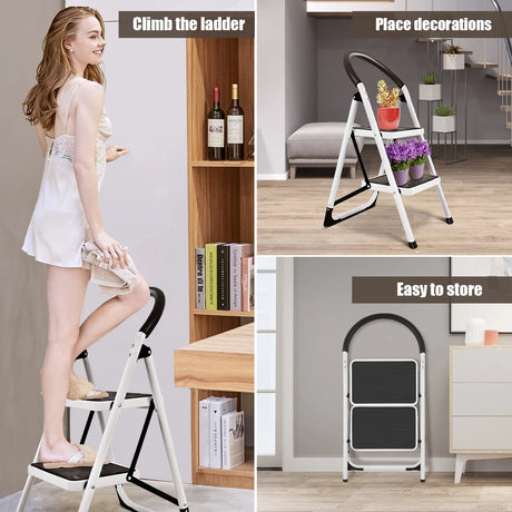 2 Step Household Ladder with Anti-Slip Platform and Lightweight Portable Design for Home/Garden