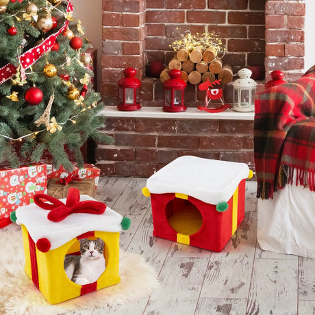 2 Gift Box Shaped Cute Christmas Cat House with Bow-Multicolor