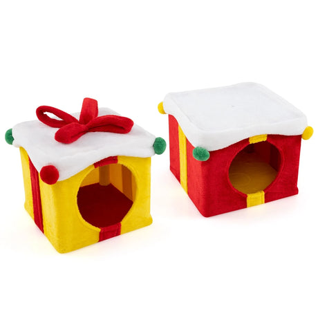 2 Gift Box Shaped Cute Christmas Cat House with Bow-Multicolor