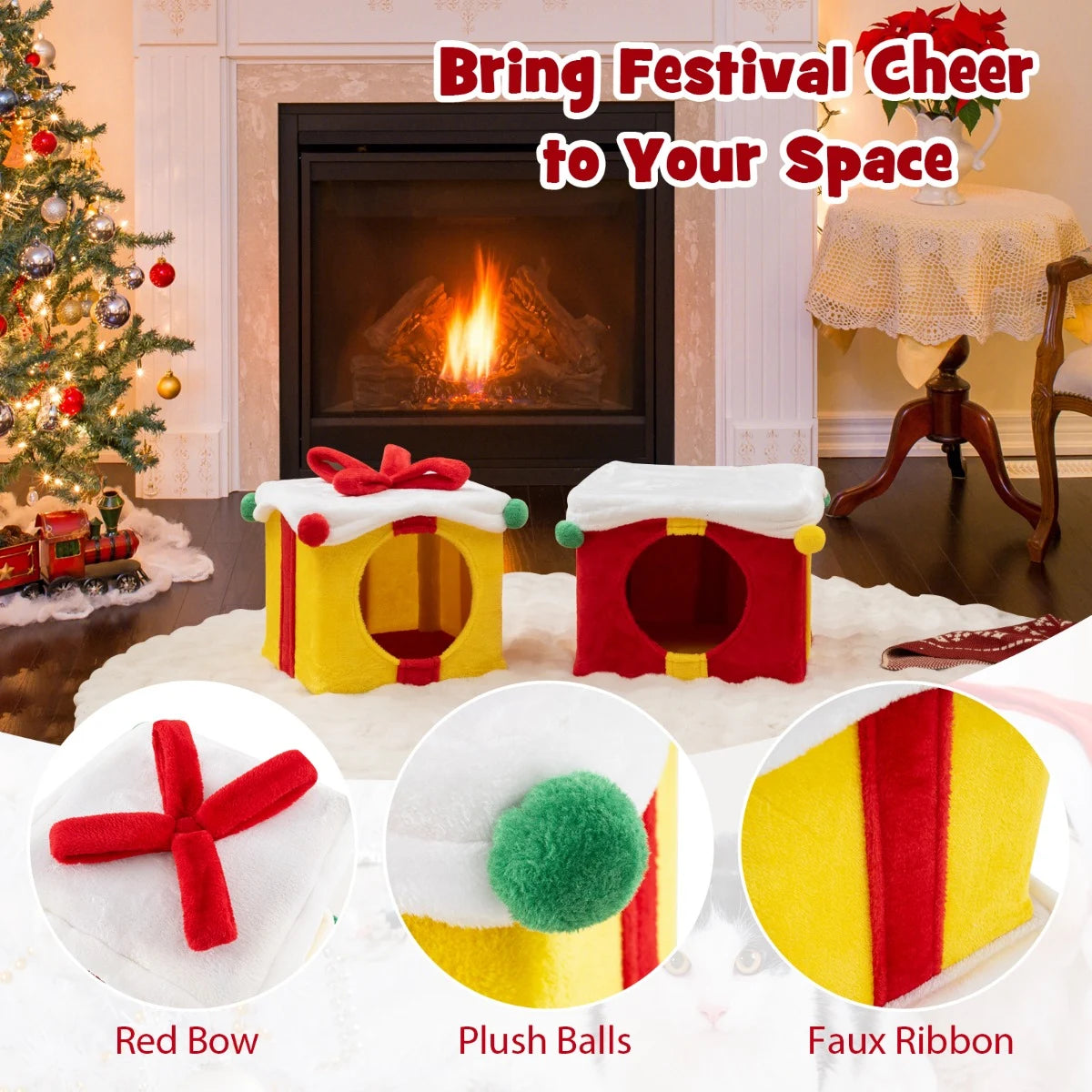 2 Gift Box Shaped Cute Christmas Cat House with Bow-Multicolor