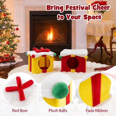 2 Gift Box Shaped Cute Christmas Cat House with Bow-Multicolor