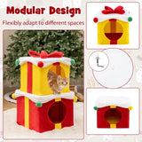 2 Gift Box Shaped Cute Christmas Cat House with Bow-Multicolor