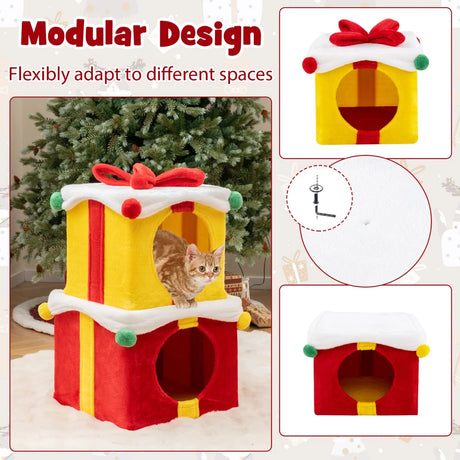 2 Gift Box Shaped Cute Christmas Cat House with Bow-Multicolor