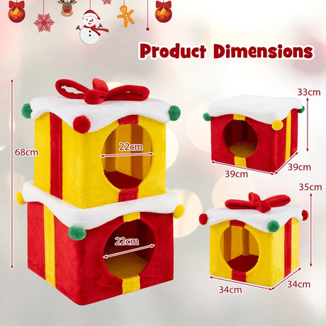 2 Gift Box Shaped Cute Christmas Cat House with Bow-Multicolor
