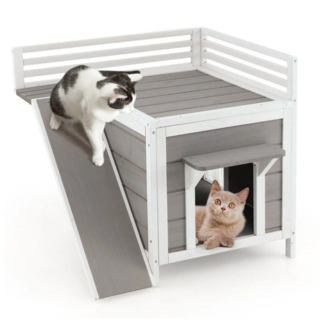 Outdoor Wooden Feral Cat House with Balcony and Slide-Gray