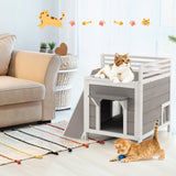 Outdoor Wooden Feral Cat House with Balcony and Slide-Gray