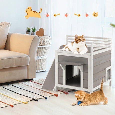 Outdoor Wooden Feral Cat House with Balcony and Slide-Gray