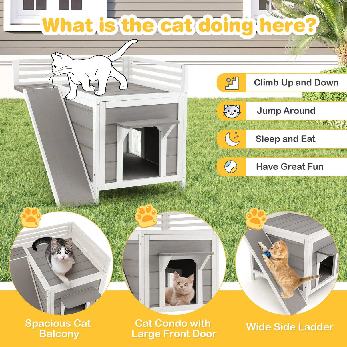 Outdoor Wooden Feral Cat House with Balcony and Slide-Gray