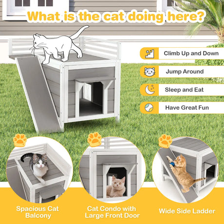 Outdoor Wooden Feral Cat House with Balcony and Slide-Gray