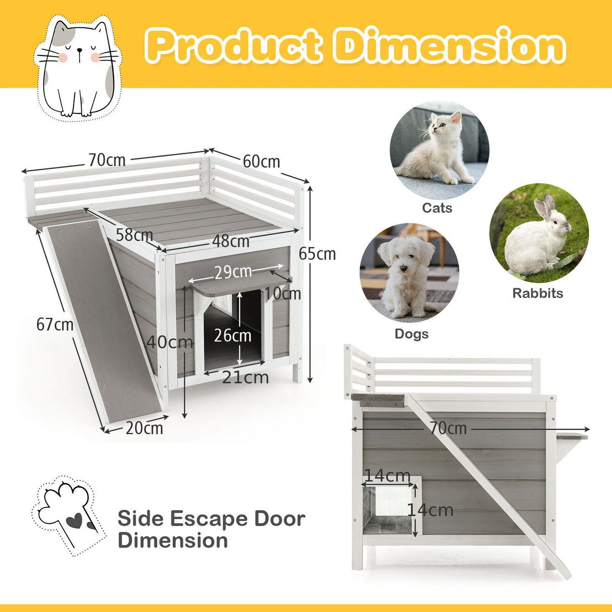Outdoor Wooden Feral Cat House with Balcony and Slide-Gray