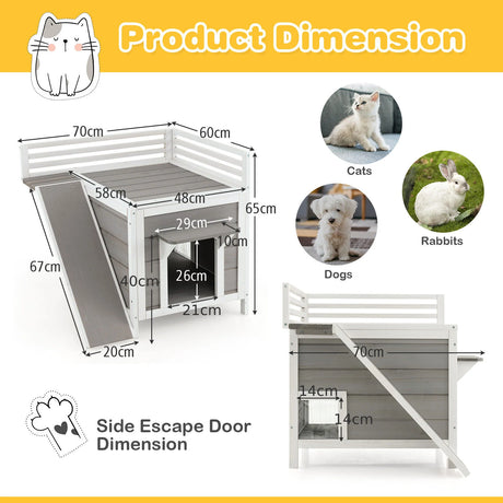 Outdoor Wooden Feral Cat House with Balcony and Slide-Gray