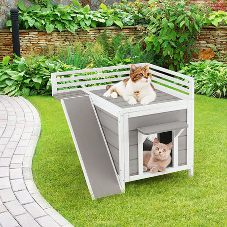 Outdoor Wooden Feral Cat House with Balcony and Slide-Gray