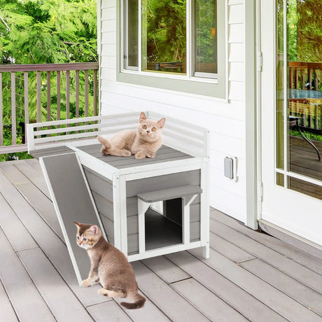 Outdoor Wooden Feral Cat House with Balcony and Slide-Gray