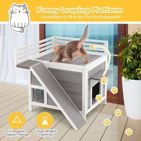 Outdoor Wooden Feral Cat House with Balcony and Slide-Gray