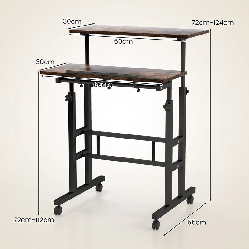 2-Tier Adjustable Standing Desk on Wheels-Rustic Brown