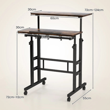 2-Tier Adjustable Standing Desk on Wheels-Rustic Brown