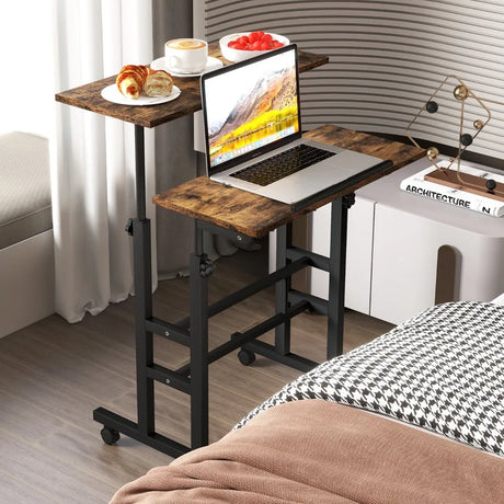 2-Tier Adjustable Standing Desk on Wheels-Rustic Brown
