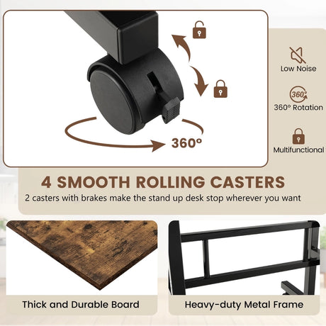2-Tier Adjustable Standing Desk on Wheels-Rustic Brown