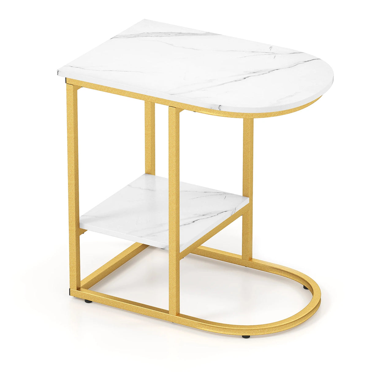 2-Tier C-shaped End Table Modern Sofa Side Table with Metal Frame-White