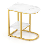 2-Tier C-shaped End Table Modern Sofa Side Table with Metal Frame-White