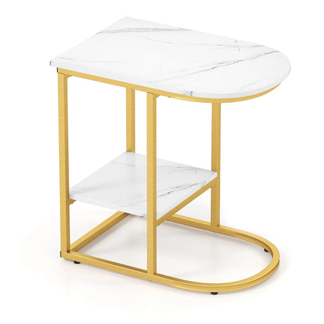 2-Tier C-shaped End Table Modern Sofa Side Table with Metal Frame-White