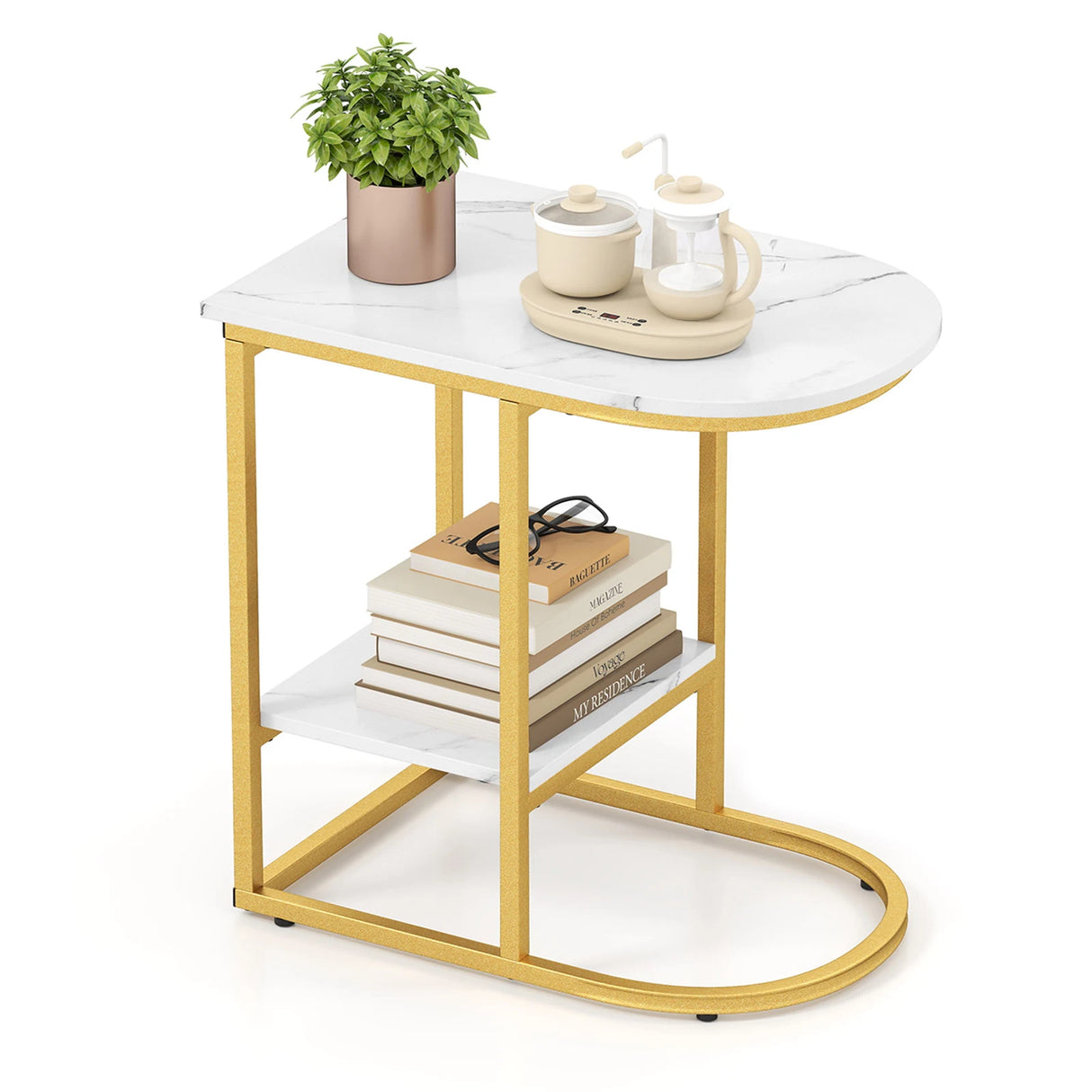 2-Tier C-shaped End Table Modern Sofa Side Table with Metal Frame-White