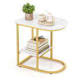 2-Tier C-shaped End Table Modern Sofa Side Table with Metal Frame-White