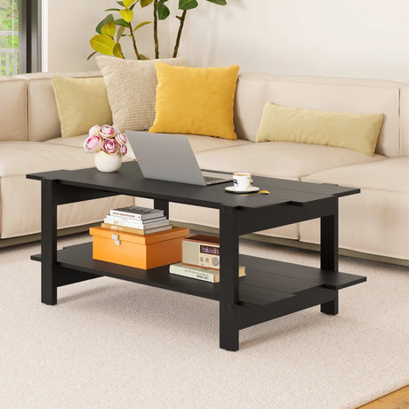 2-Tier Coffee Table Slatted Wood Center Table with Storage Shelf Accent Cocktail Table 120kg Capacity Black
