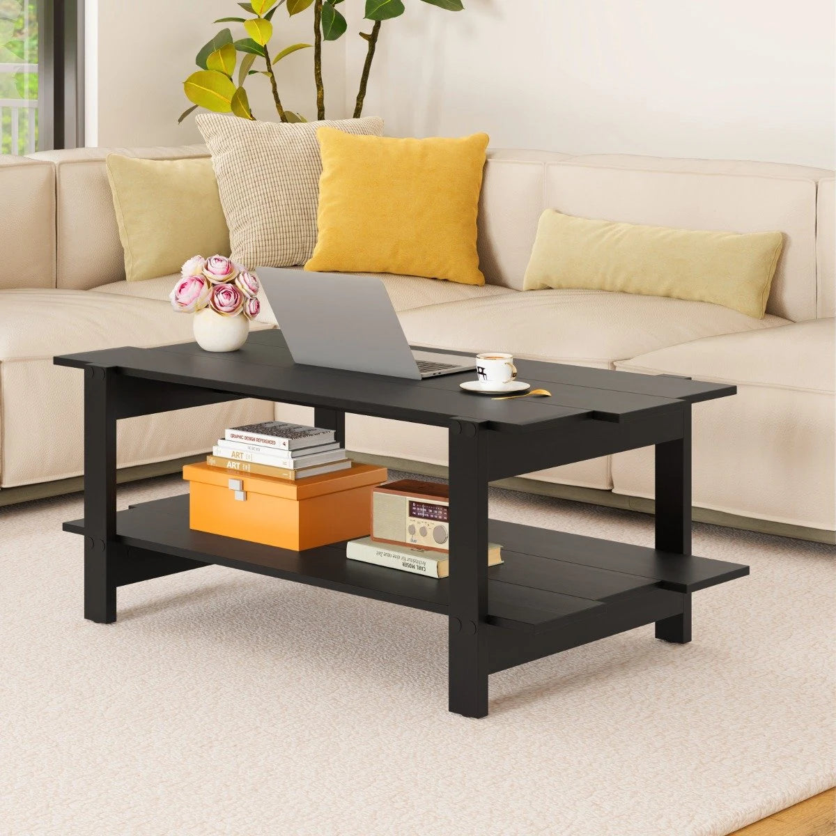 2-Tier Coffee Table Slatted Wood Center Table with Storage Shelf Accent Cocktail Table 120kg Capacity Black