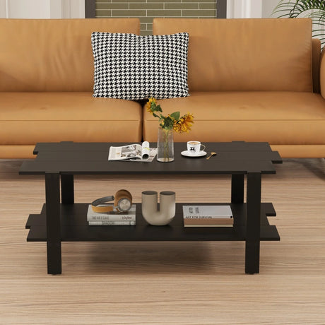 2-Tier Coffee Table Slatted Wood Center Table with Storage Shelf Accent Cocktail Table 120kg Capacity Black